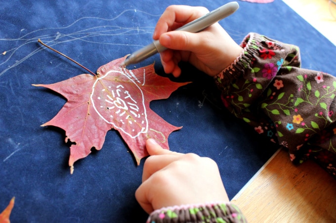 drawing doodles on a leaf