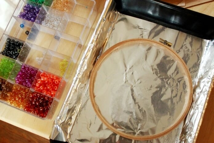 Plastic Bead Suncatchers in Embroidery Hoop Frames - prepping supplies