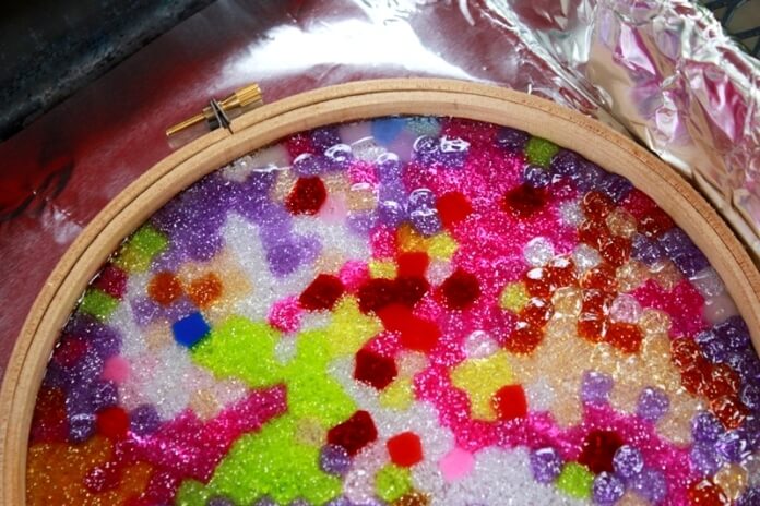 Plastic Bead Suncatchers in Embroidery Hoop Frames - bake