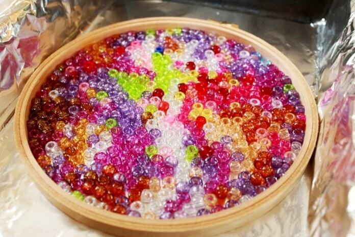 Plastic Bead Suncatchers in Embroidery Hoop Frames - fill frame completely