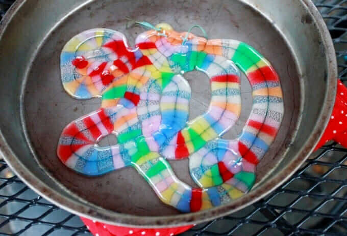 freeform melted bead art in metal pan