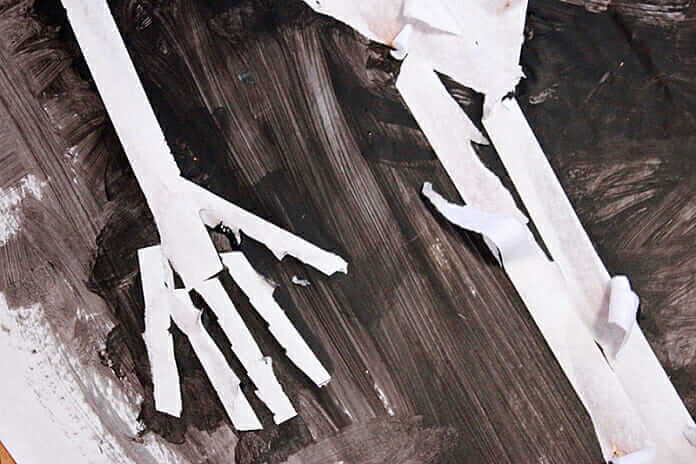 Tape Resist Skeleton Paintings – ripped skeleton pieces