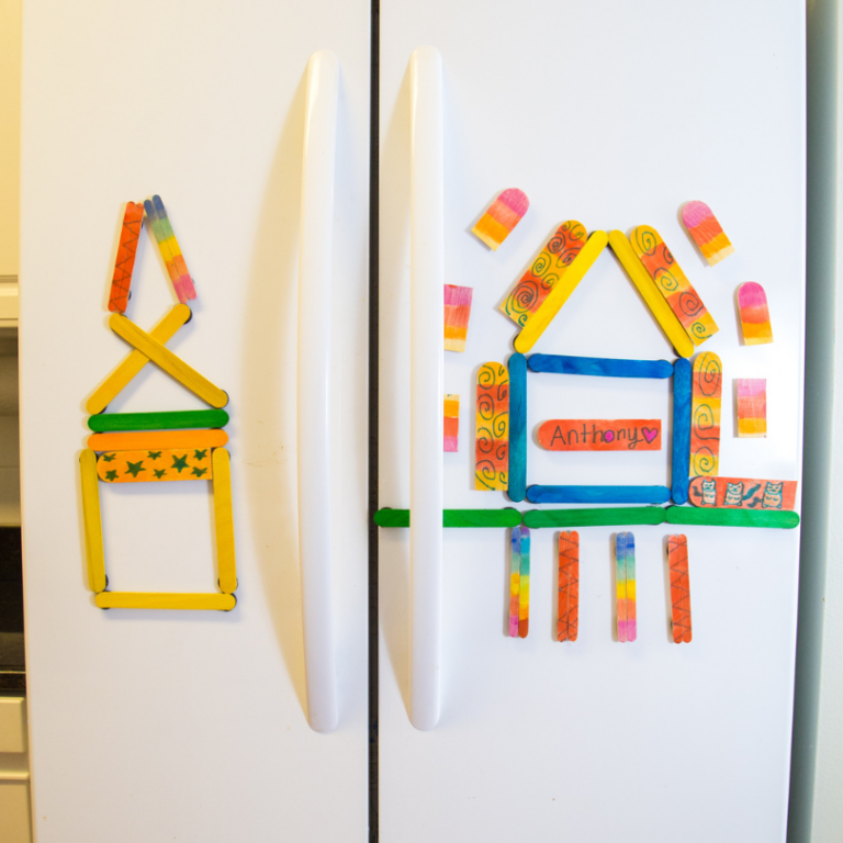 popsicle stick magnets on fridge