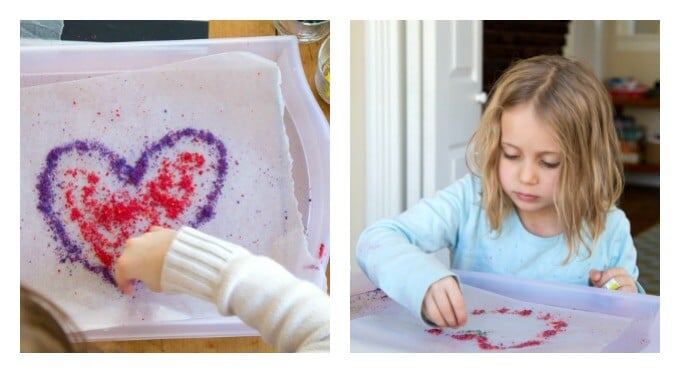 Arranging crayon shavings for melted crayon stained glass