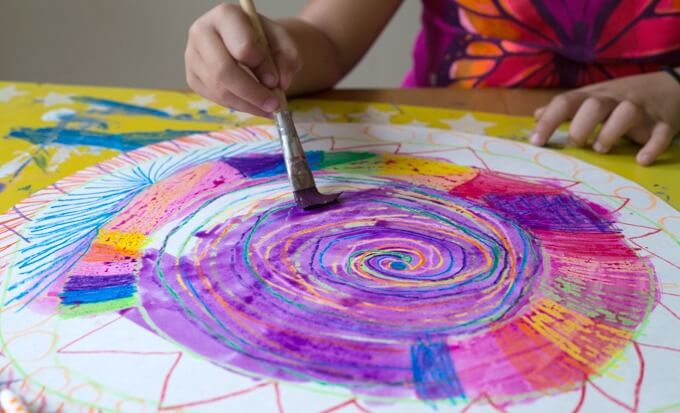 Paper Twirlers - Watercolor resist over crayon drawing