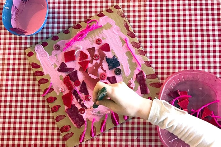 Creating red monochrome art collage paintings