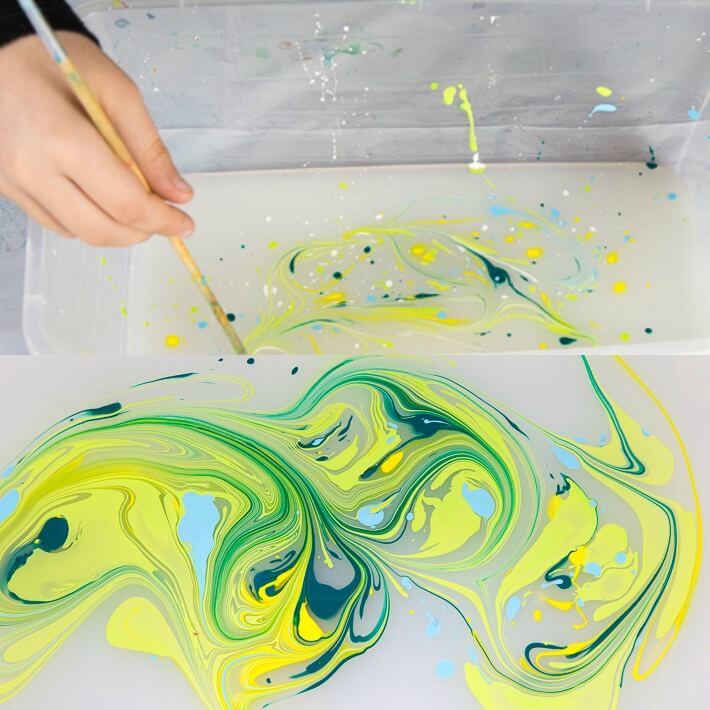 Paper Marbling with Acrylic Paint - Swirling the paint for a marble effect