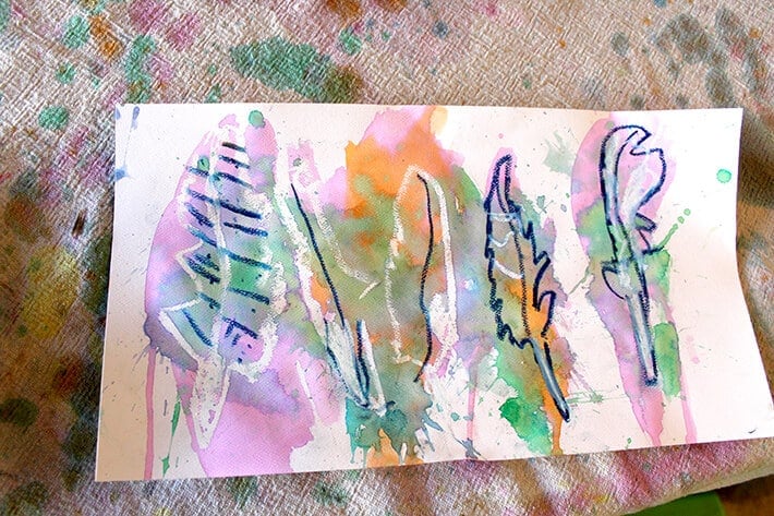 Colorful oil pastel & watercolor painting of feathers – nature drawing ideas for kids