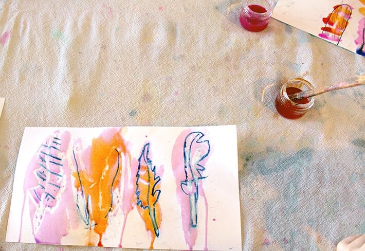 Feather drawing u0026 liquid watercolor u0026 brush in cup in this easy nature drawing and painting activity