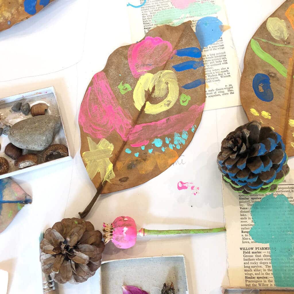 Painting leaves and pinecones for nature diorama for kids