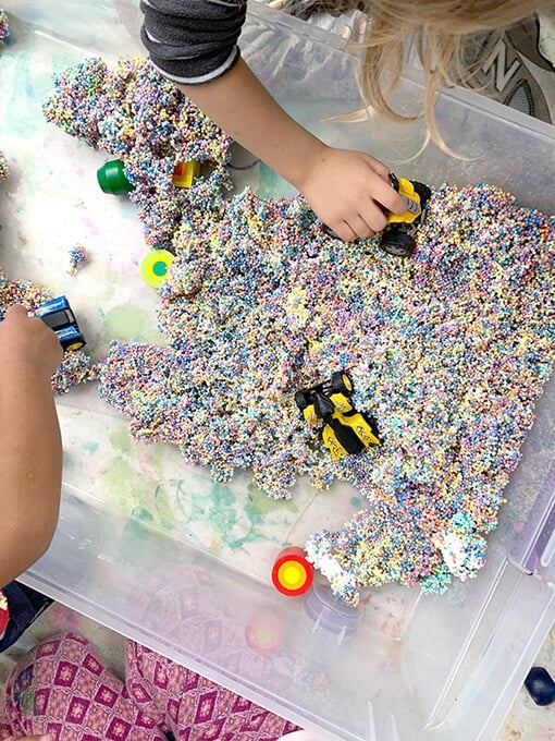 Sensory foam for kids provides endless open ended play with cars, animals, etc