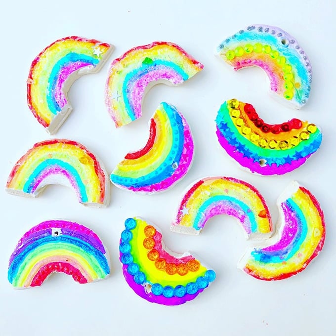 Painted air dry clay rainbows with Word Rocks Project