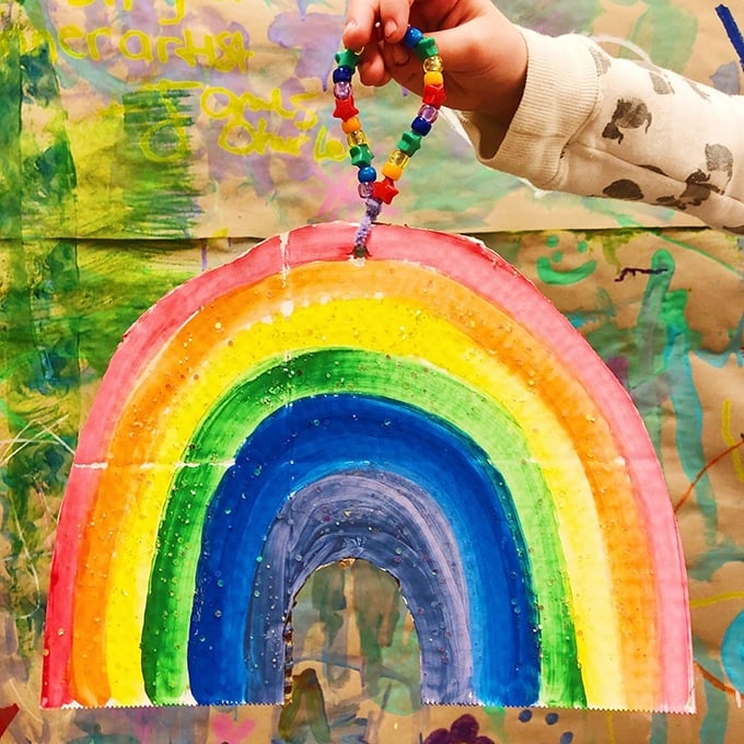 Painted rainbow with beaded hanger