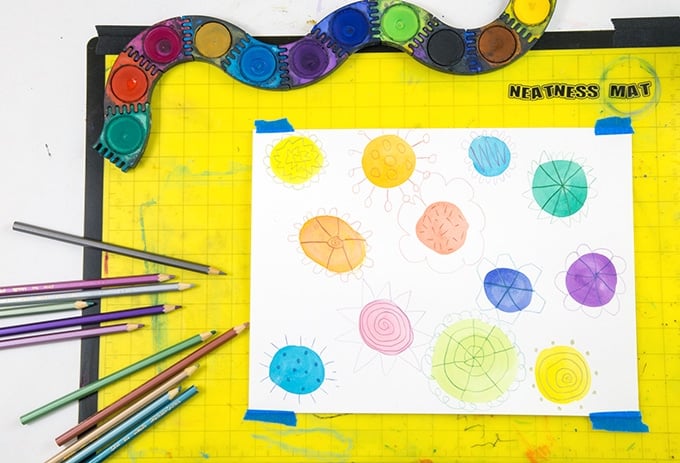 Watercolor Doodle Flowers with colored pencils and watercolor paint set