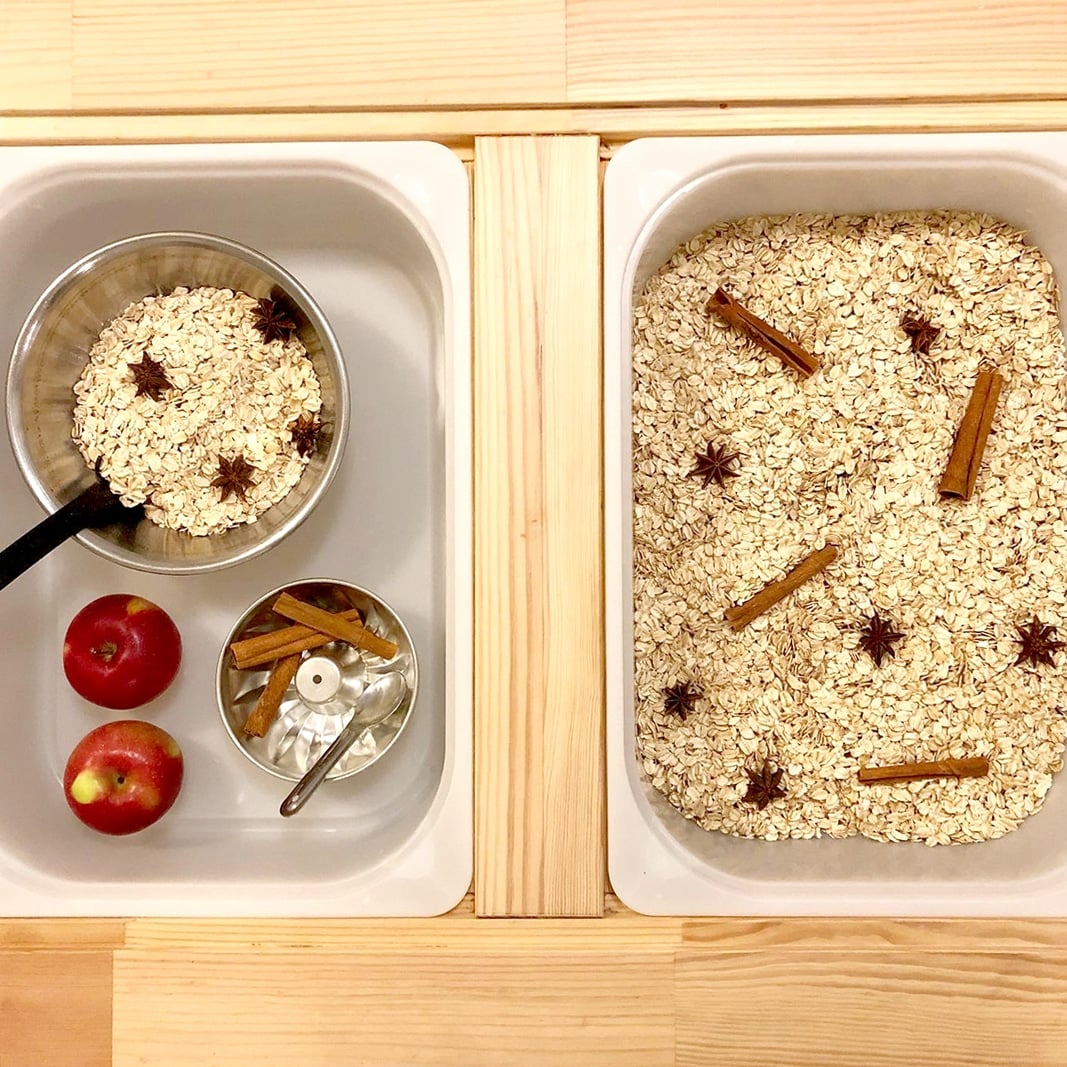 Oats & apples for fall sensory play ideas for kids.