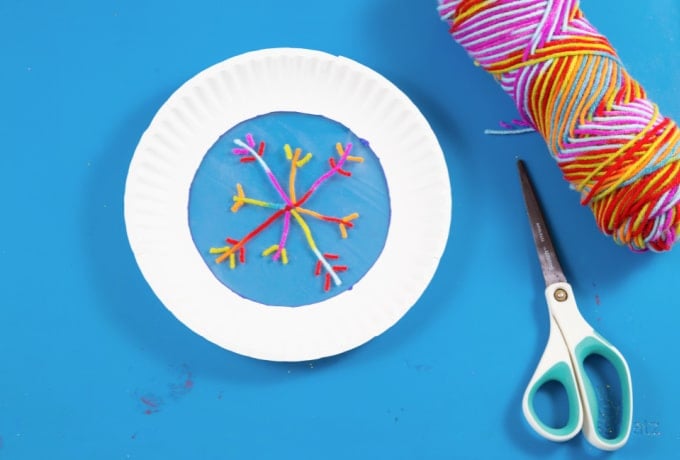 sticky snowflakes with yarn