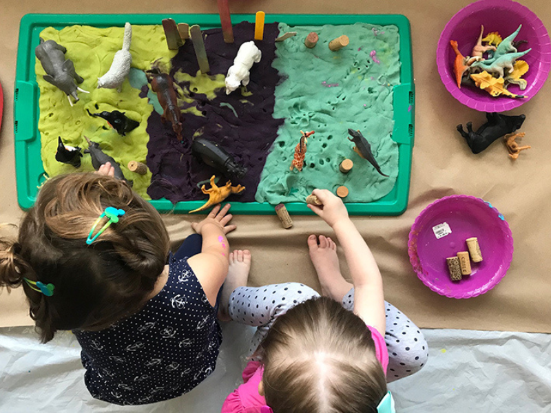 playdough on tray with animals