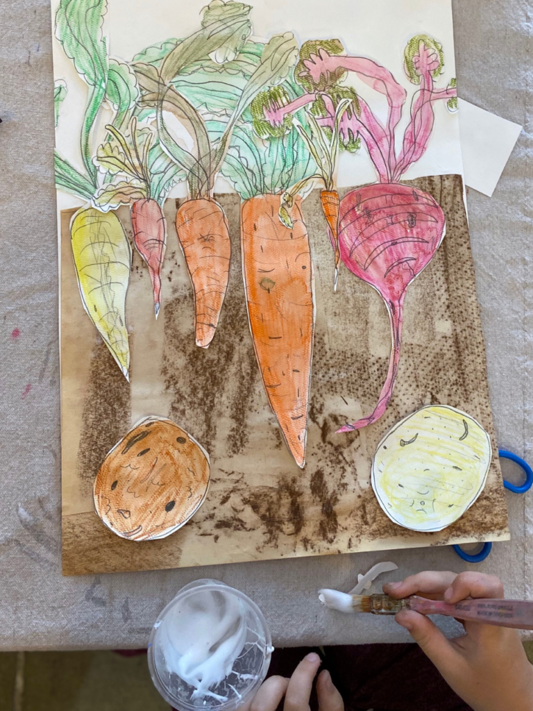 glueing vegetables