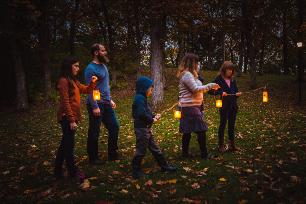 family on lantern walk