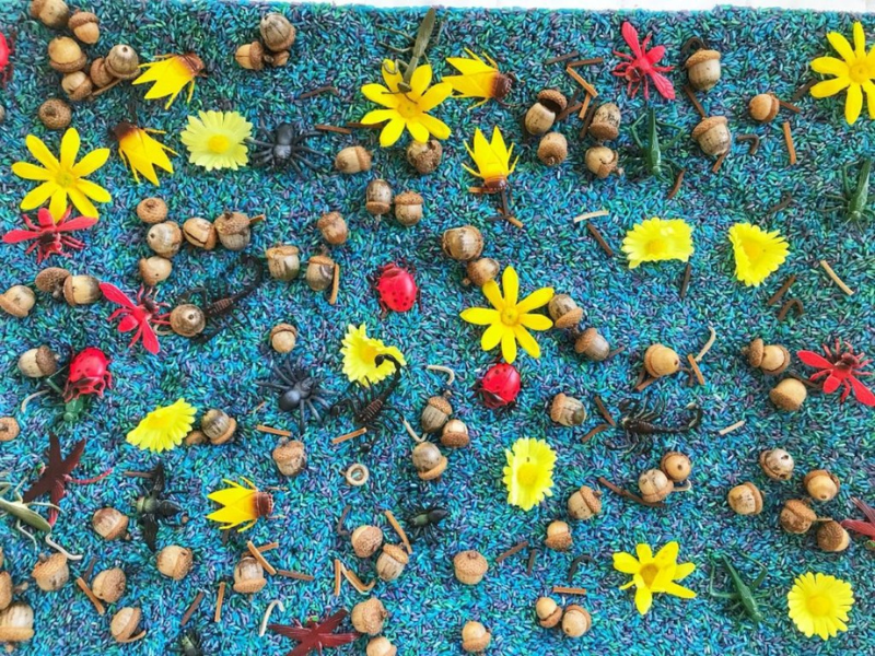 rice and acorn sensory play