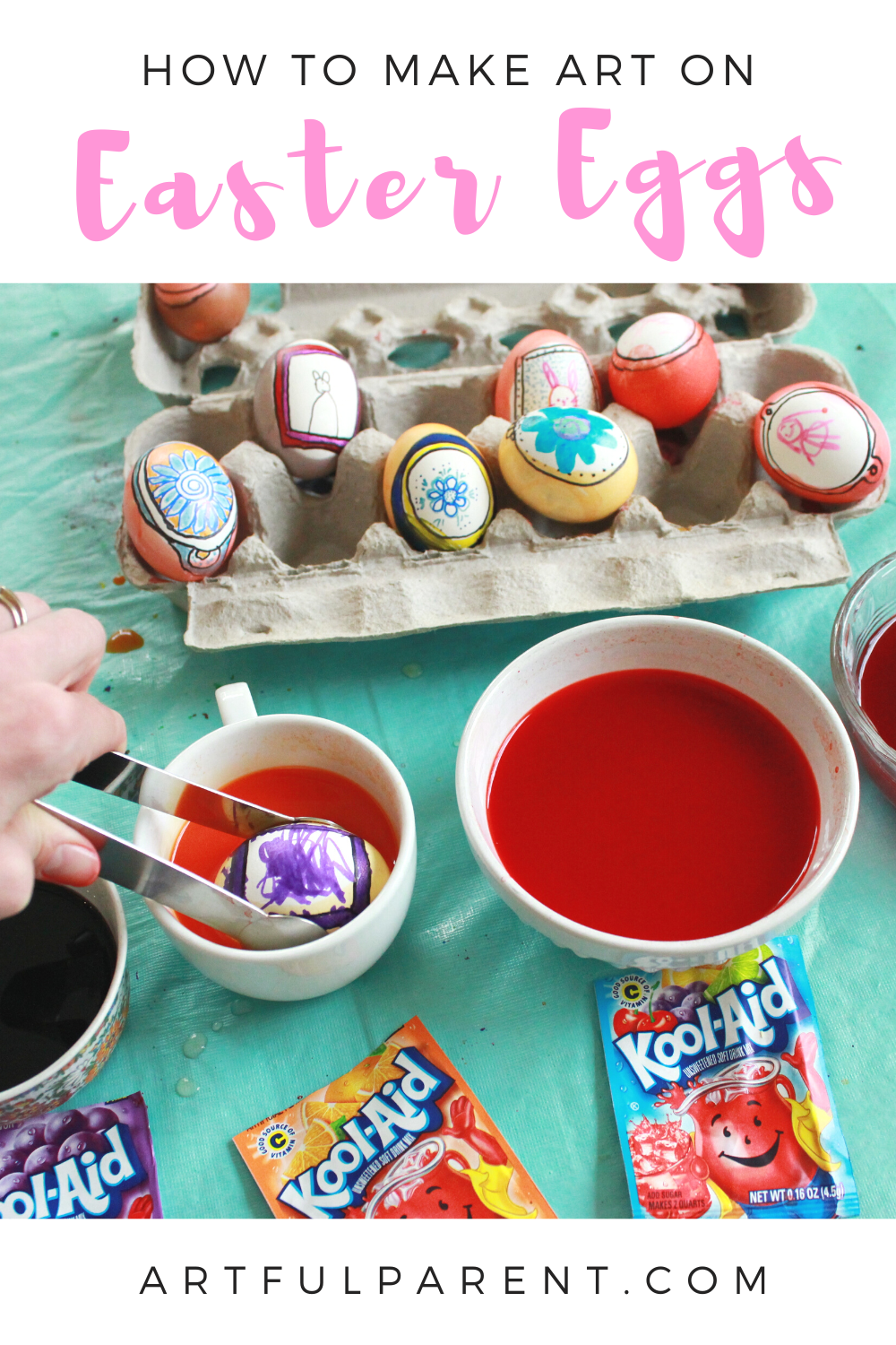 Try these fun Easter egg ideas for kids. Use the egg as a mini canvas and draw frames & artwork on them. Then dye with Kool-Aid or your favorite egg dye kit. #easter #eastereggs #artsandcrafts #eastercrafts #kidsactivities #kidscrafts easter egg frames pin