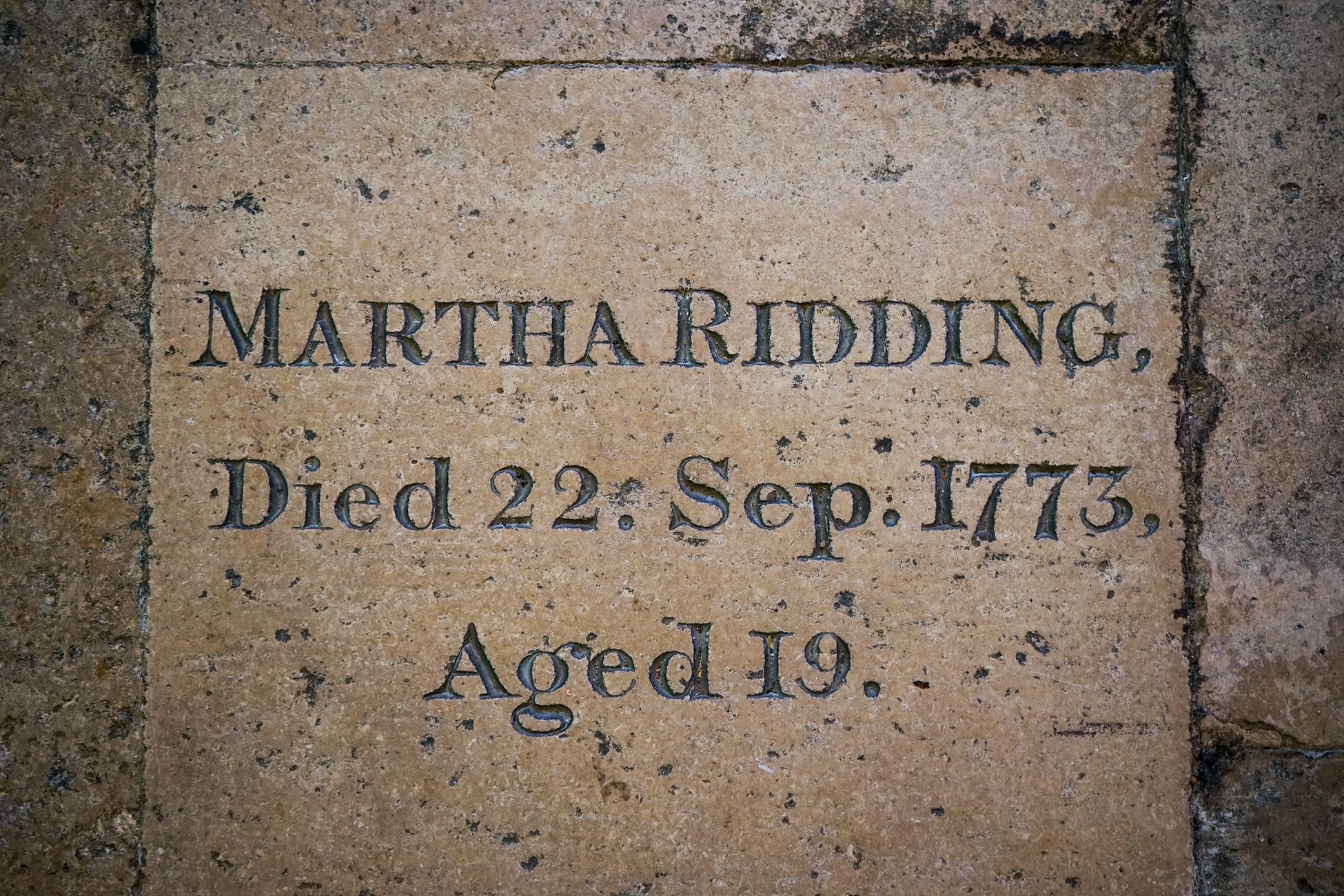 Historic memorial plaque of Martha Ridding dated 1773 in Salisbury, England.