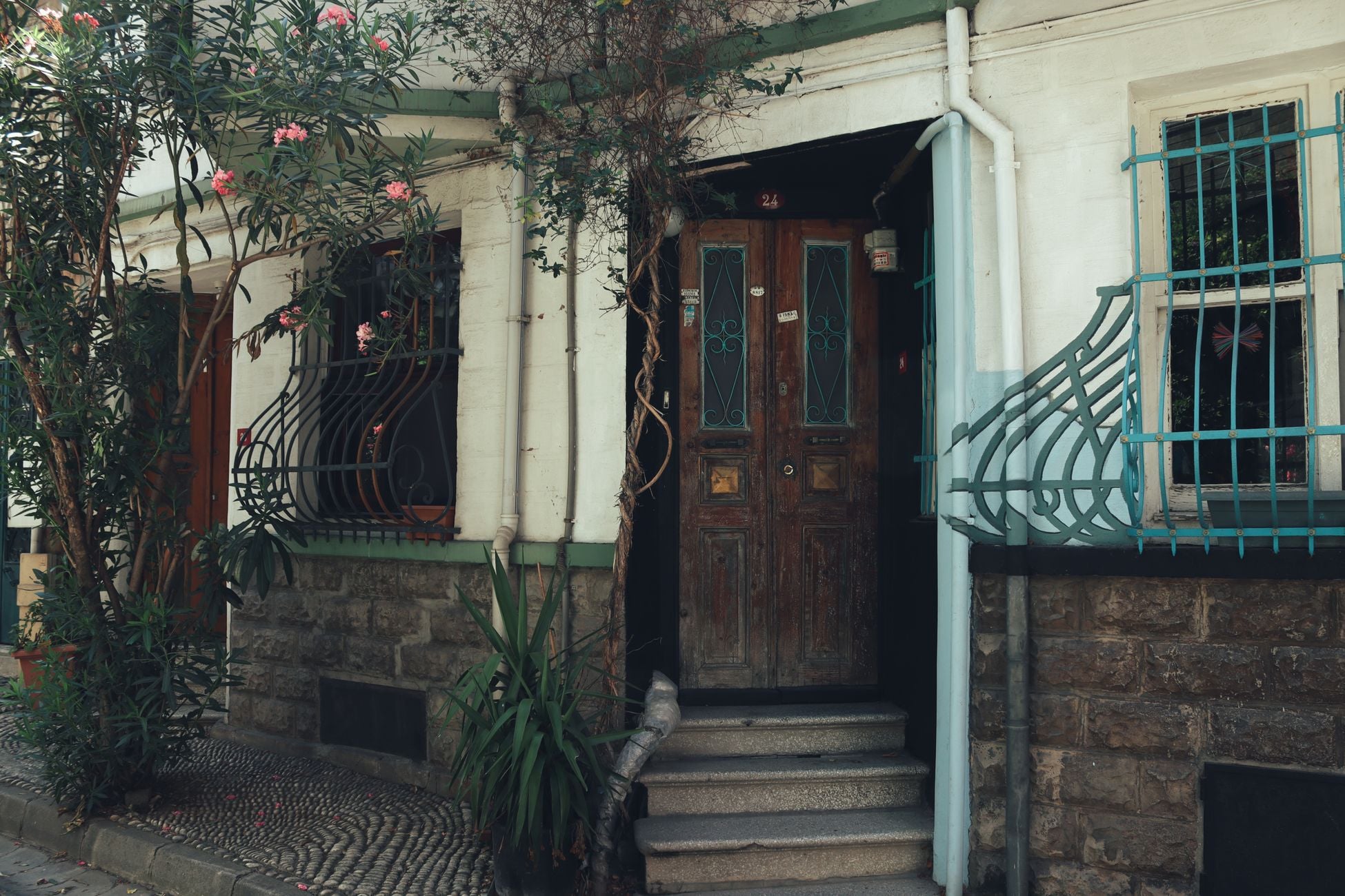 Rustic entrance with a wooden door surrounded by greenery and flowers, creating a charming ambiance.